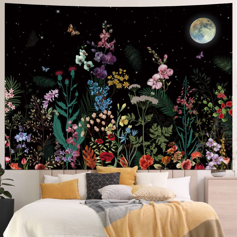 Generleo Floral Plants Tapestry Galaxy Moon Tapestries Vintage Boho Flower Butterfly Tapestries Black Starry Sky Nature Landscape Tapestry Wall Hanging for Bedroom - Image 1