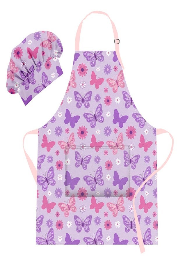 Bribay Apron and Chef Hat Set Girls Adjustable Bib Apron with Pocket, for Cooking Baking Painting Arts and Crafts, Butterfly Floral Purple Aprons - Image 1