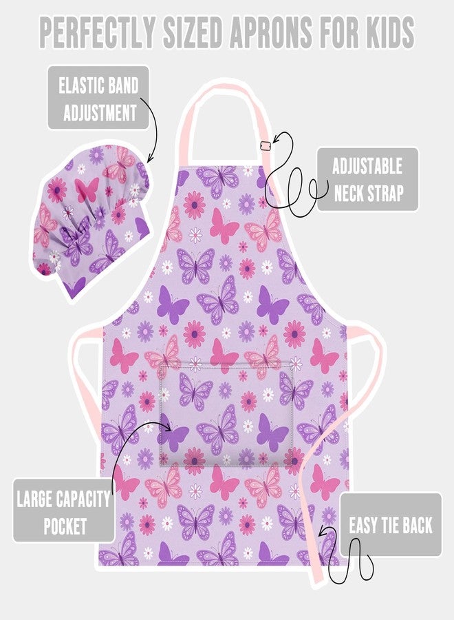 Bribay Apron and Chef Hat Set Girls Adjustable Bib Apron with Pocket, for Cooking Baking Painting Arts and Crafts, Butterfly Floral Purple Aprons - Image 5