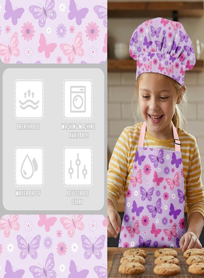 Bribay Apron and Chef Hat Set Girls Adjustable Bib Apron with Pocket, for Cooking Baking Painting Arts and Crafts, Butterfly Floral Purple Aprons - Image 4