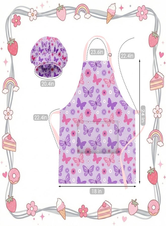 Bribay Apron and Chef Hat Set Girls Adjustable Bib Apron with Pocket, for Cooking Baking Painting Arts and Crafts, Butterfly Floral Purple Aprons - Image 3
