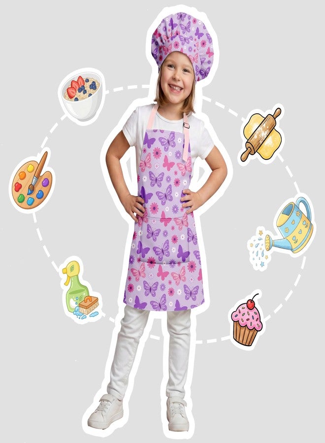 Bribay Apron and Chef Hat Set Girls Adjustable Bib Apron with Pocket, for Cooking Baking Painting Arts and Crafts, Butterfly Floral Purple Aprons - Image 2