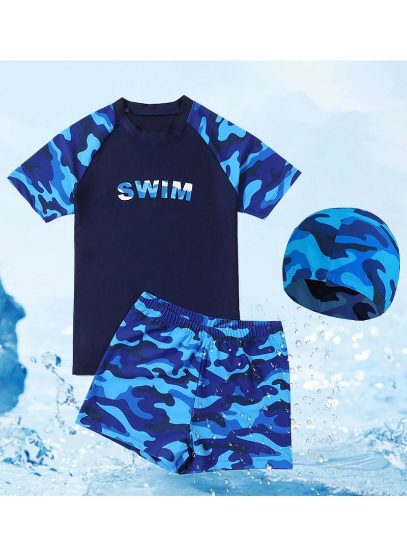 Loquat Boys Split Swimsuits Set Short Sleeve Swim Shirts With Trunks And Swim Cap Quick Dry Swim Set