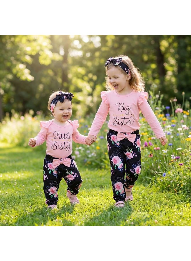 AMAWMW أزياء مطابقة للأخت الكبرى والأخت الصغرى ملابس للفتيات الصغيرات بدلة رومبر مزخرفة للسيدات حديثي الولادة بنطلون مزهرة رباط رأس 3 قطع، وردي-2، 4-5 سنوات - Image 3