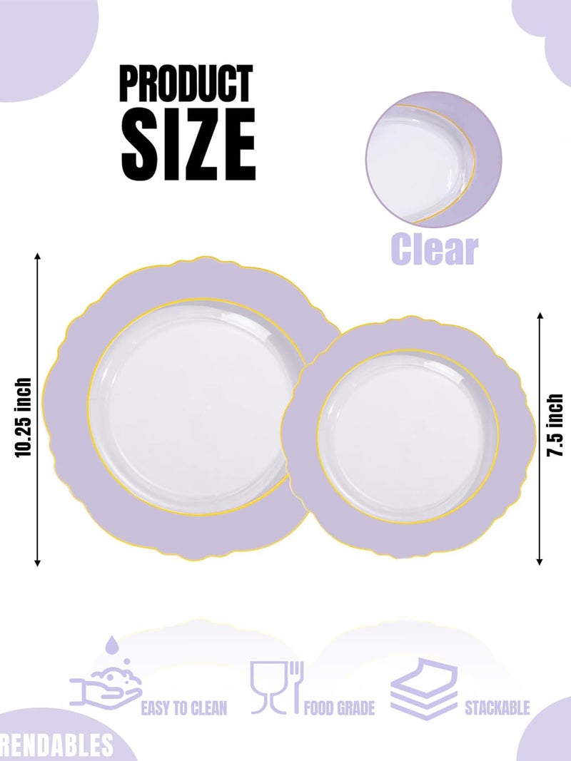 WDF 60pcs Clear Purple Plates Disposable with Gold Rim - Baroque Lavender Purple Plastic Plates for Party/Wedding/Spring Picnic/Easter - Image 2
