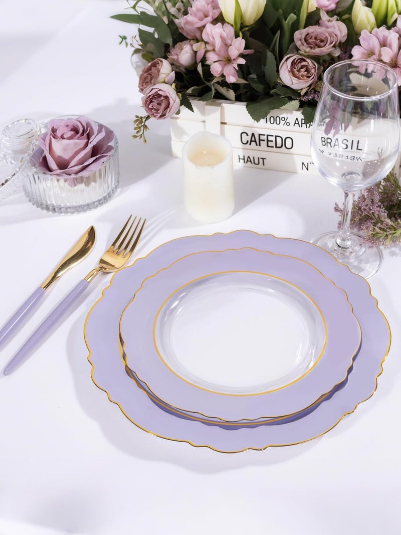 WDF 60pcs Clear Purple Plates Disposable with Gold Rim - Baroque Lavender Purple Plastic Plates for Party/Wedding/Spring Picnic/Easter - Image 3