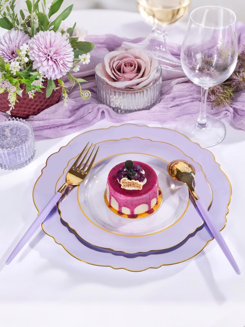 WDF 60pcs Clear Purple Plates Disposable with Gold Rim - Baroque Lavender Purple Plastic Plates for Party/Wedding/Spring Picnic/Easter - Image 4