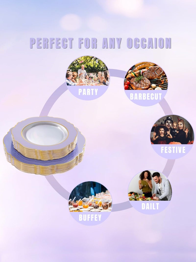 WDF 60pcs Clear Purple Plates Disposable with Gold Rim - Baroque Lavender Purple Plastic Plates for Party/Wedding/Spring Picnic/Easter - Image 5