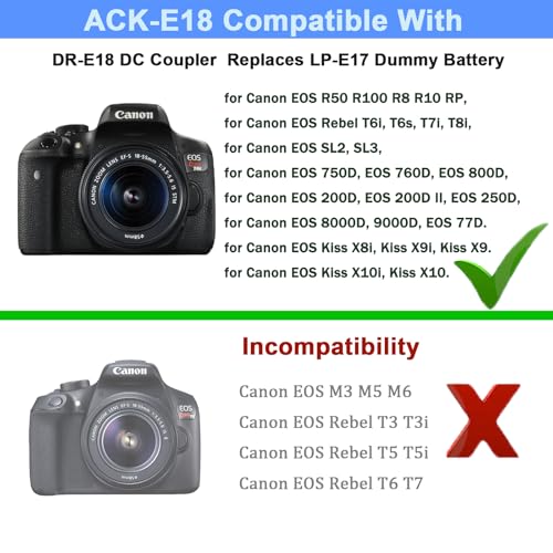 TKDY for Canon R50 Dummy Battery LP-E17 DR-E18 DC Coupler and ACK-E18 Power Supply Kit, fit for Canon EOS R50 R100 R8 R10 RP, Rebel T6i T7i T8i T6s SL3 SL2 77D 800D Digital Cameras. - Image 2