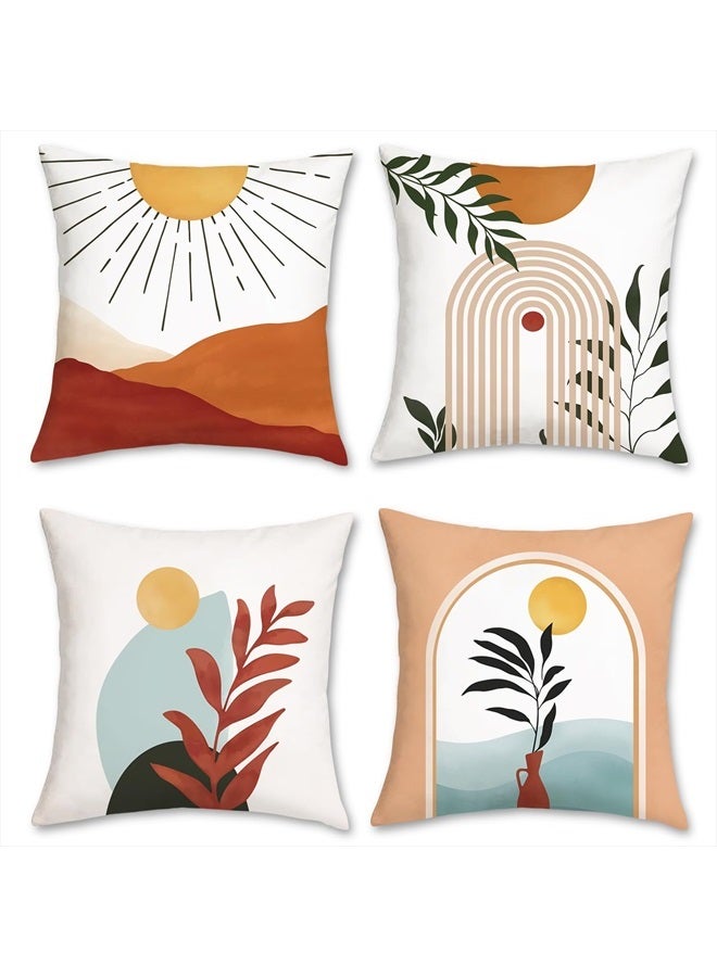 Bonhause Abstract Boho Throw Pillow Covers 18x18 Set of 4 Modern Minimalism Sun Arch Leaves Pillows Case Soft Velvet Cushion Covers for Couch Sofa Home Decor - Image 1