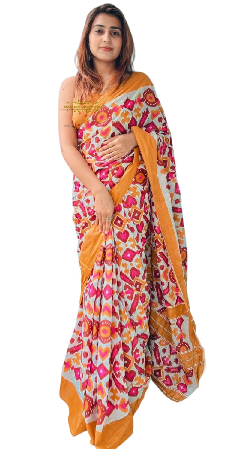 RADHA LAKSHMI Handicrafts Women's Ikat Hand Block Print Pure Soft Cotton Mulmul Saree White MultiColour with Blouse Piece (ikkat White Orange patola) - Image 5