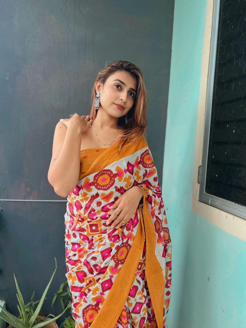 RADHA LAKSHMI Handicrafts Women's Ikat Hand Block Print Pure Soft Cotton Mulmul Saree White MultiColour with Blouse Piece (ikkat White Orange patola) - Image 3