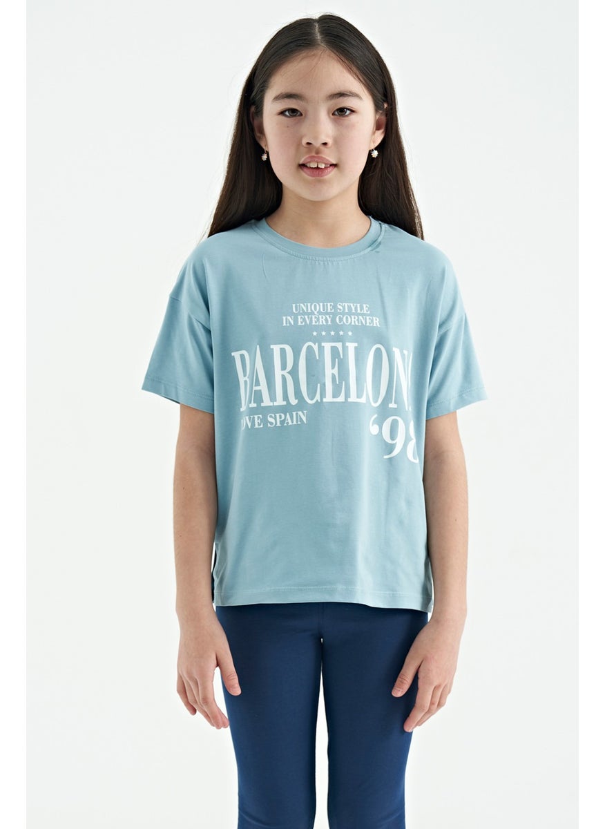 Tommy Life - Light Blue O Neck Text Printed Low Shoulder Oversize Girls T-Shirt - 75115 - Image 1