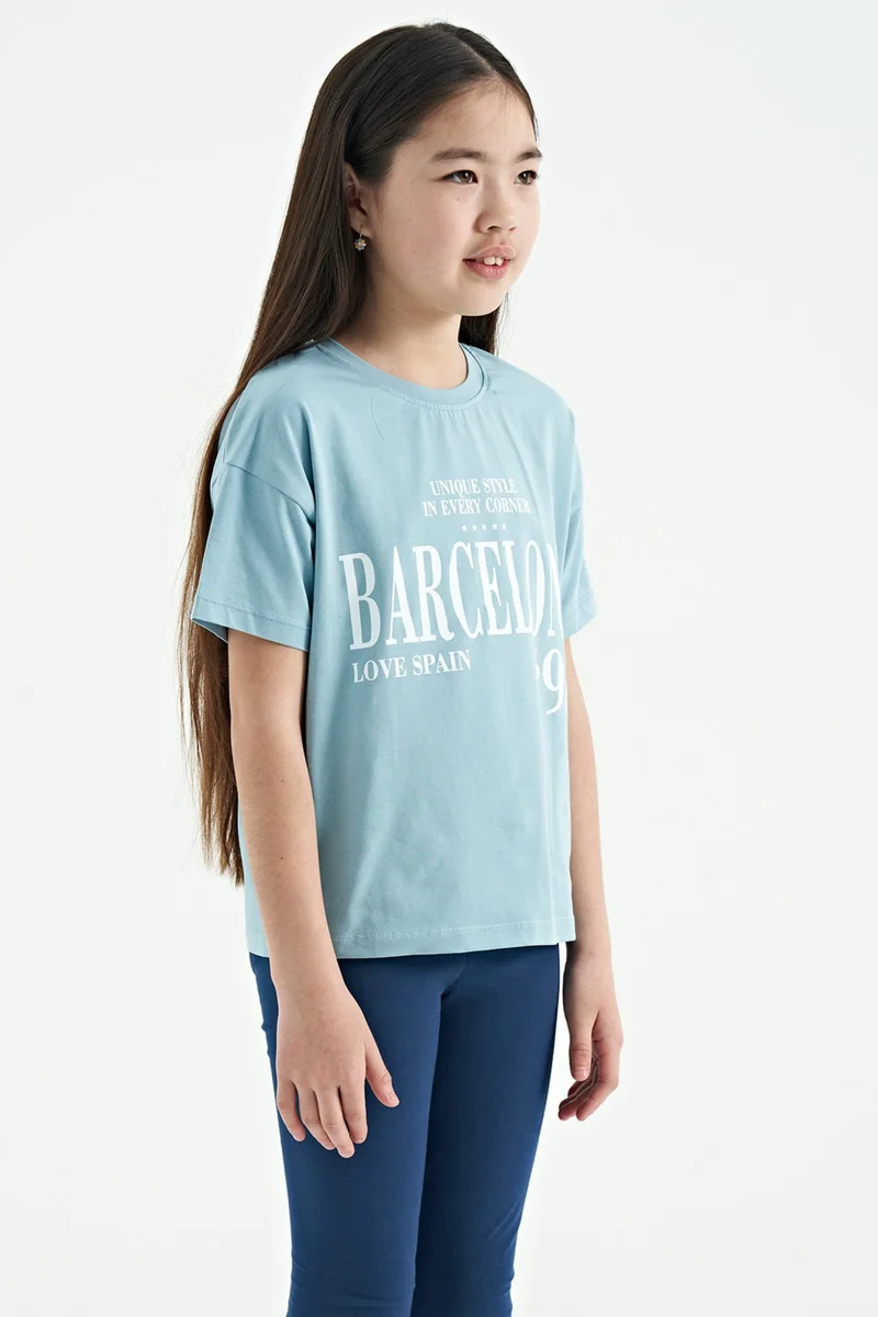Tommy Life Light Blue O Neck Text Printed Low Shoulder Oversize Girls T-Shirt - 75115
