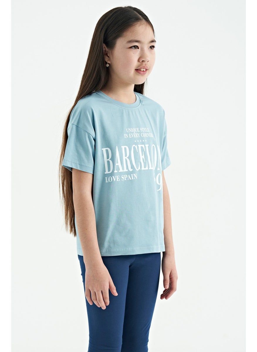 Tommy Life - Light Blue O Neck Text Printed Low Shoulder Oversize Girls T-Shirt - 75115 - Image 1