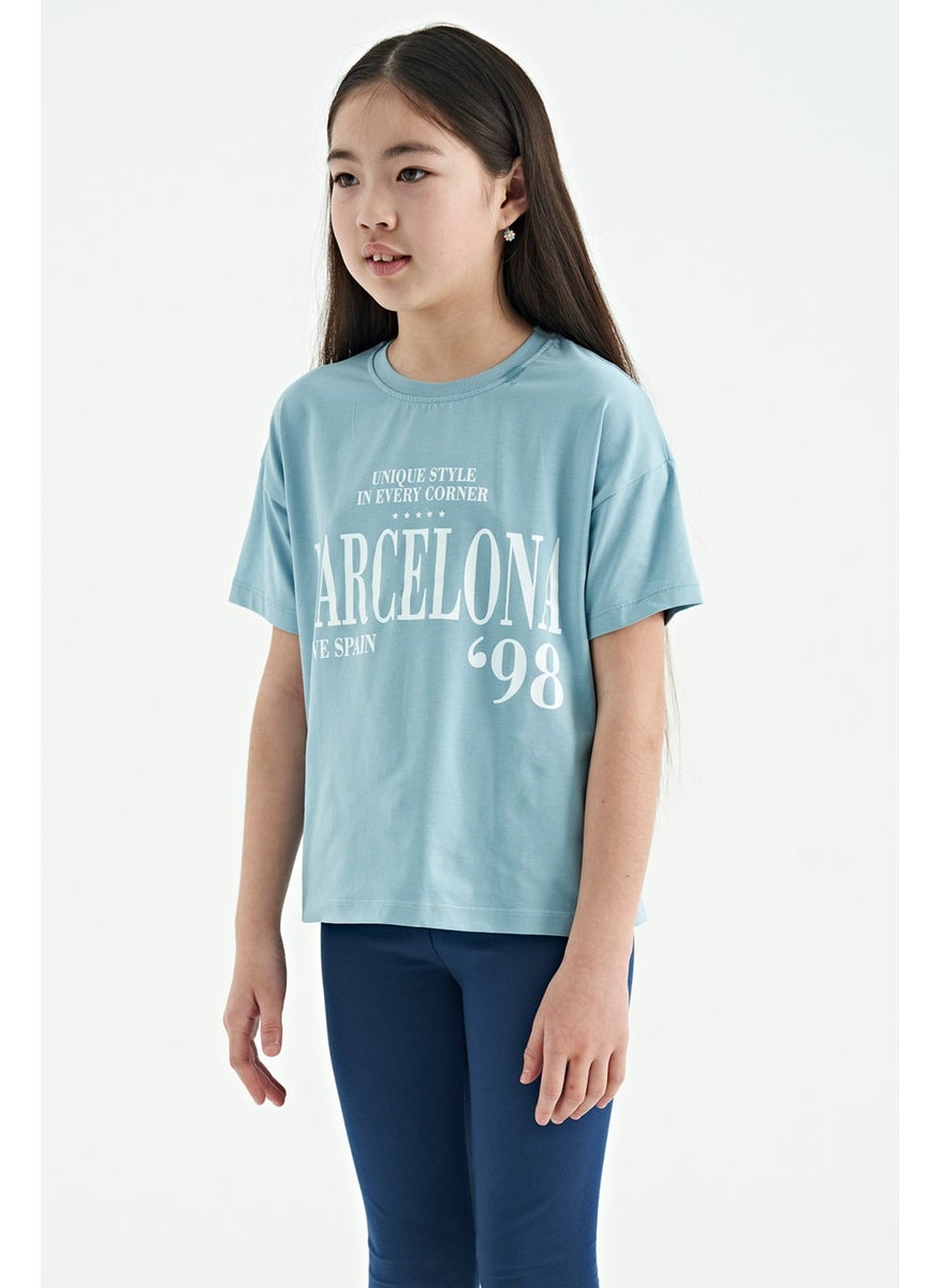 Tommy Life - Light Blue O Neck Text Printed Low Shoulder Oversize Girls T-Shirt - 75115 - Image 1