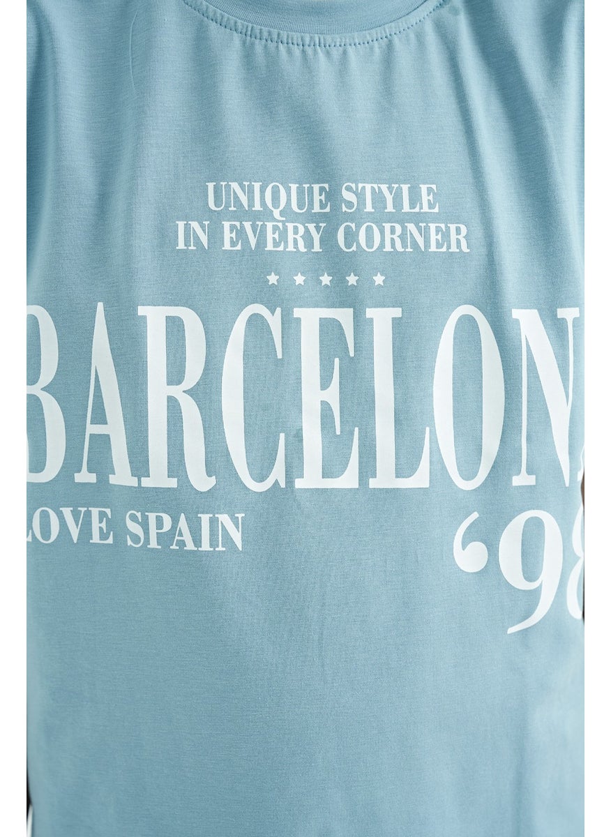 Tommy Life - Light Blue O Neck Text Printed Low Shoulder Oversize Girls T-Shirt - 75115 - Image 1