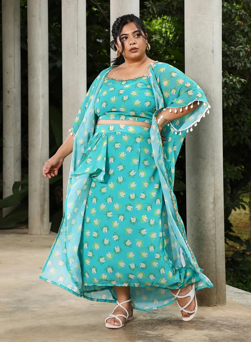 Instafab Plus Instafab Plus Women's Seaform Green Bohemian Romance Co-Ord Set For Ethnic Wear | Scoop Neck, Short Batwing Sleeves | Floral Print Plain Fabric | 3 Piece Co-Ords For Evening & Party Wear