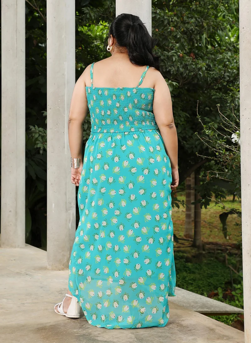Instafab Plus Instafab Plus Women's Seaform Green Bohemian Romance Co-Ord Set For Ethnic Wear | Scoop Neck, Short Batwing Sleeves | Floral Print Plain Fabric | 3 Piece Co-Ords For Evening & Party Wear
