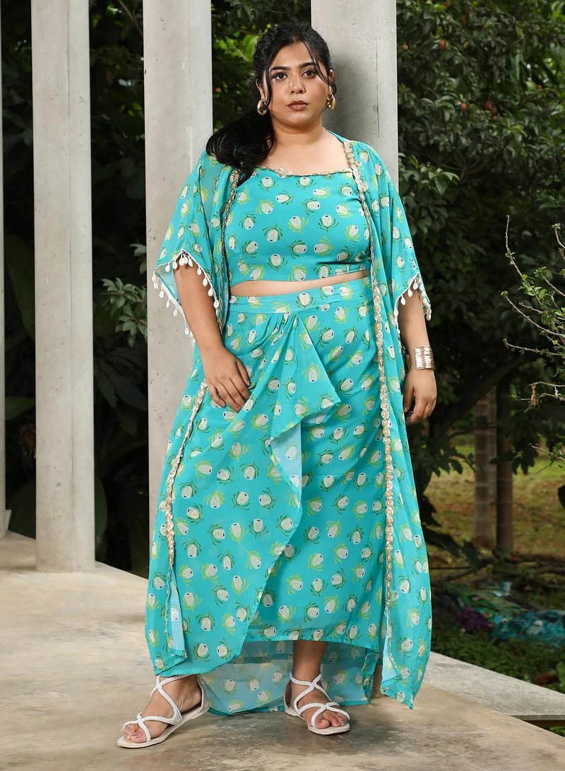 Instafab Plus Instafab Plus Women's Seaform Green Bohemian Romance Co-Ord Set For Ethnic Wear | Scoop Neck, Short Batwing Sleeves | Floral Print Plain Fabric | 3 Piece Co-Ords For Evening & Party Wear