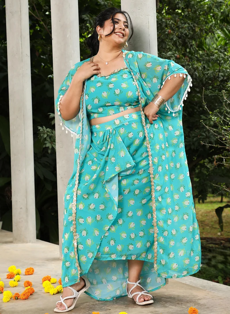 Instafab Plus Instafab Plus Women's Seaform Green Bohemian Romance Co-Ord Set For Ethnic Wear | Scoop Neck, Short Batwing Sleeves | Floral Print Plain Fabric | 3 Piece Co-Ords For Evening & Party Wear