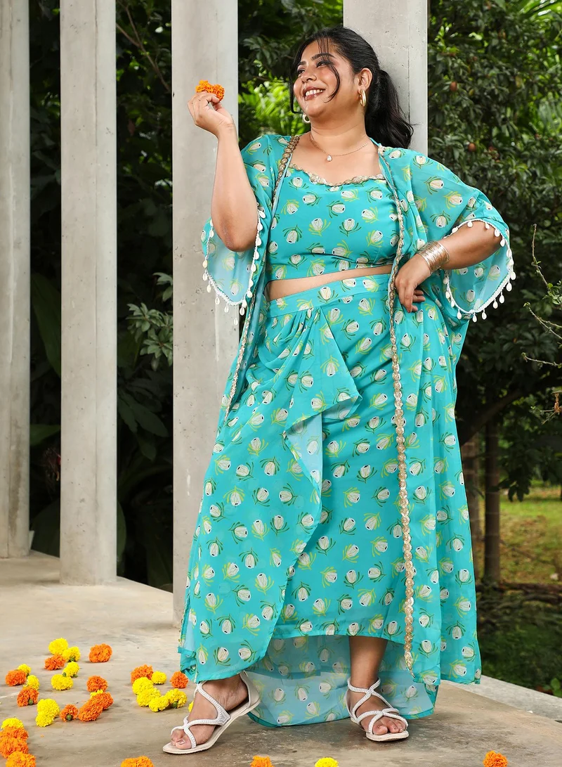 Instafab Plus Instafab Plus Women's Seaform Green Bohemian Romance Co-Ord Set For Ethnic Wear | Scoop Neck, Short Batwing Sleeves | Floral Print Plain Fabric | 3 Piece Co-Ords For Evening & Party Wear