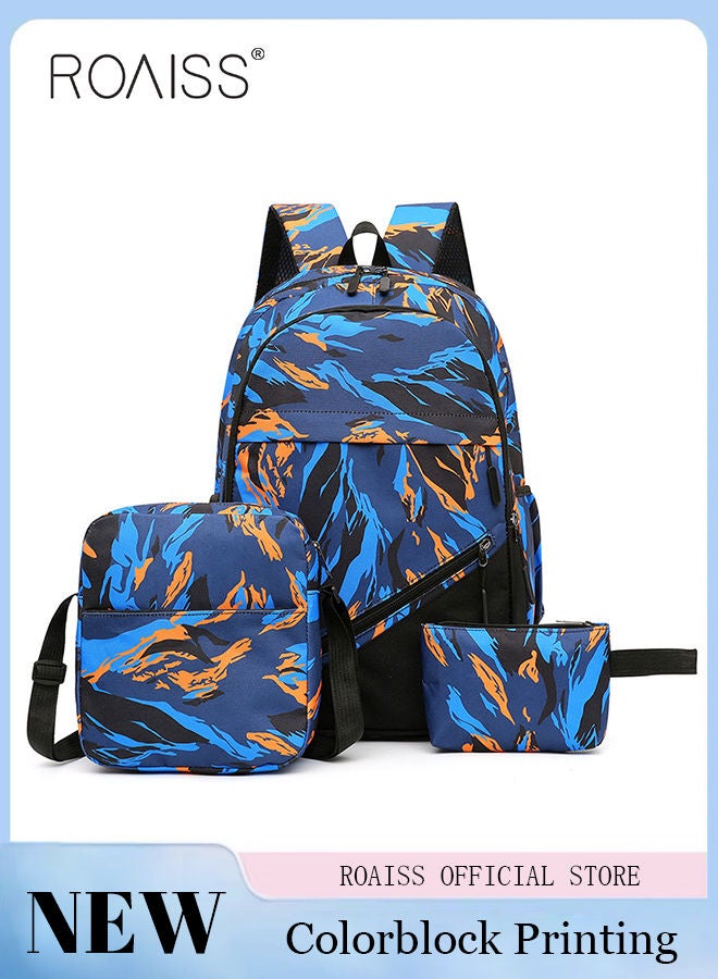 roaiss 3-Piece New Trendy Backpack High School Student Schoolbag Casual Camouflage Travel Backpack Large Capacity Computer Bag  - Image 1