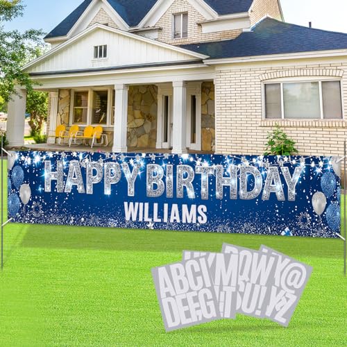 Yoirrat Large Blue Birthday Banner with Personalized Letter Stickers - Custom Navy Blue Silver Happy Birthday Yard Banner DIY Sign for Men Women Birthday Party Supplies Outdoor Indoor