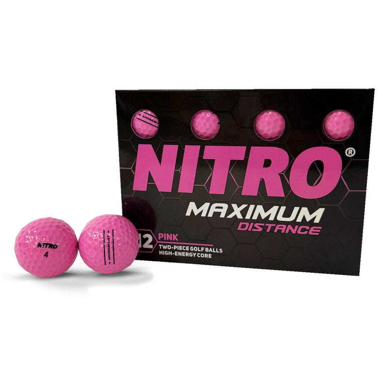 Long Distance Golf Balls (12PK) All Levels-Nitro Maximum Distance Titanium Core 85 Compression High Velocity Spin Control USGA Approved-Total of 12-Hot Pink
