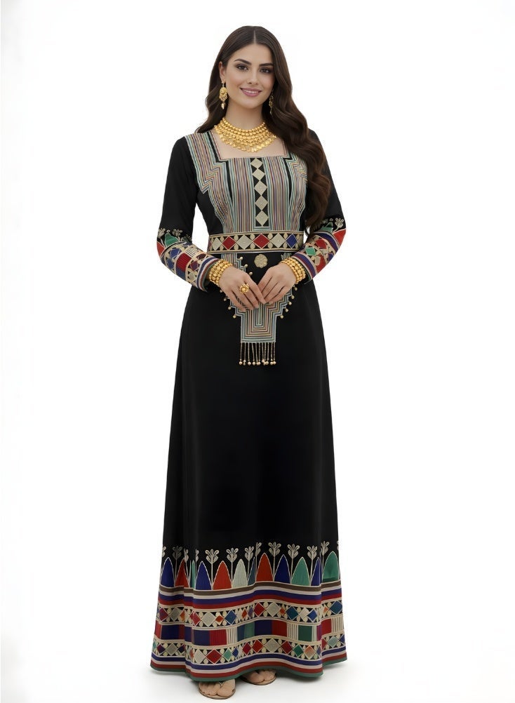 Premium Asiri Tatreez Embroidered Jalabiya Maxi Dress – Luxury Traditional Long Dress for Women with Colorful Geometric Embroidery - Image 1