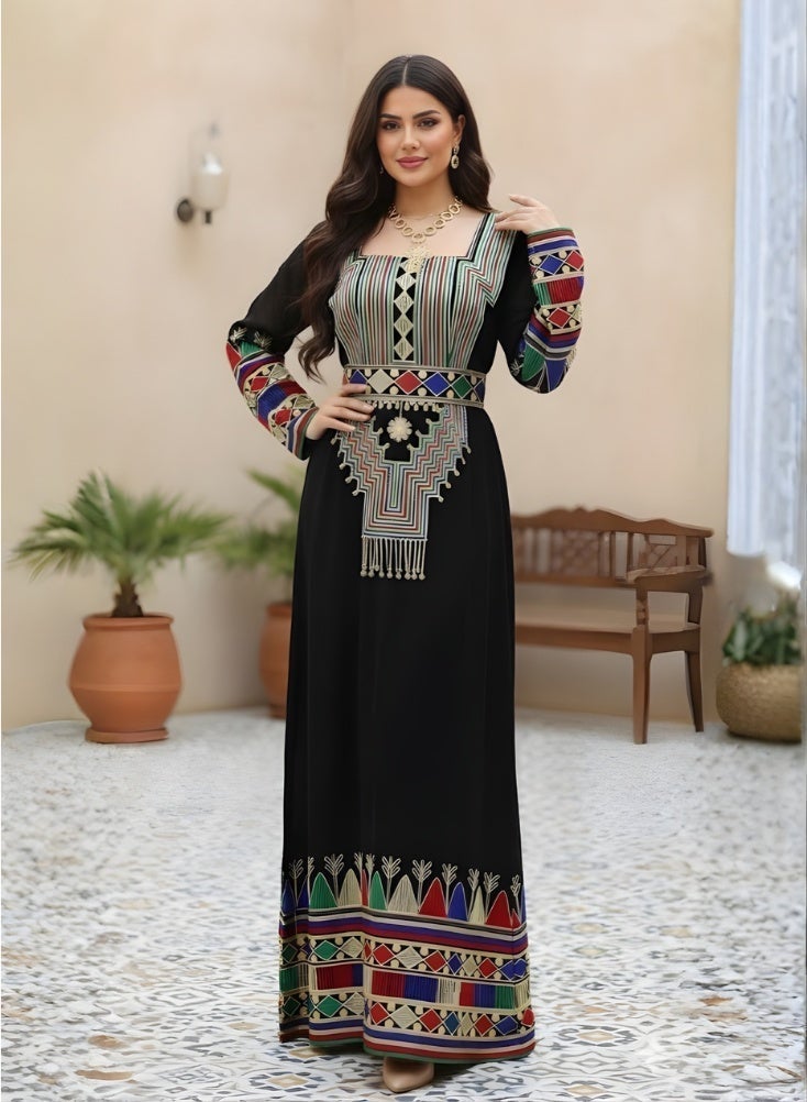 Premium Asiri Tatreez Embroidered Jalabiya Maxi Dress – Luxury Traditional Long Dress for Women with Colorful Geometric Embroidery - Image 3