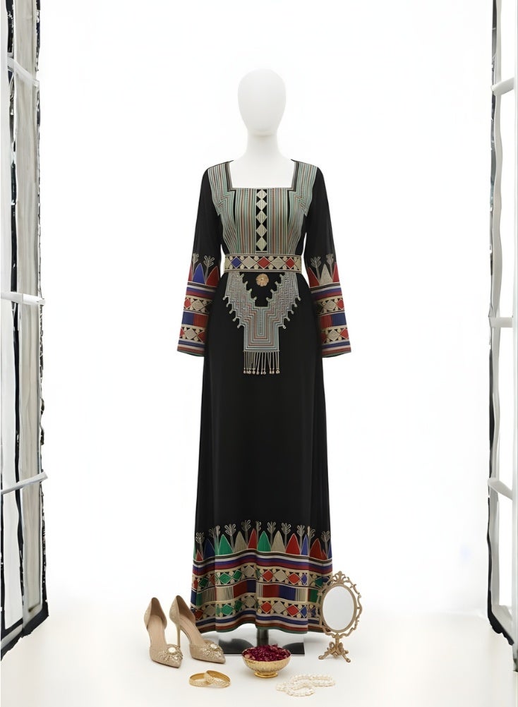 Premium Asiri Tatreez Embroidered Jalabiya Maxi Dress – Luxury Traditional Long Dress for Women with Colorful Geometric Embroidery - Image 5