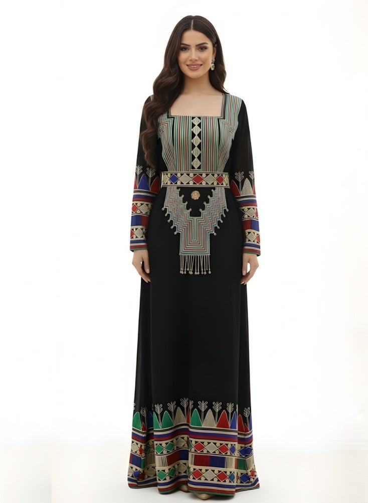 Premium Asiri Tatreez Embroidered Jalabiya Maxi Dress – Luxury Traditional Long Dress for Women with Colorful Geometric Embroidery - Image 2