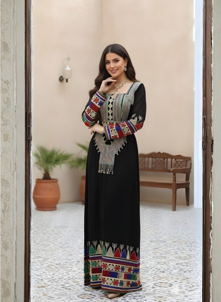 Premium Asiri Tatreez Embroidered Jalabiya Maxi Dress – Luxury Traditional Long Dress for Women with Colorful Geometric Embroidery - Image 4