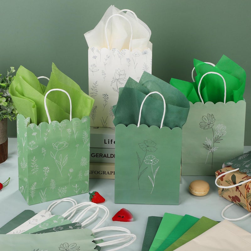MIMIND 60 Pcs Sage Green Wildflower Gift Bags with Handles Reusable Floral Paper Bags with Tissue Paper for Weddings Birthdays Baby Shower Party Favors - Image 4