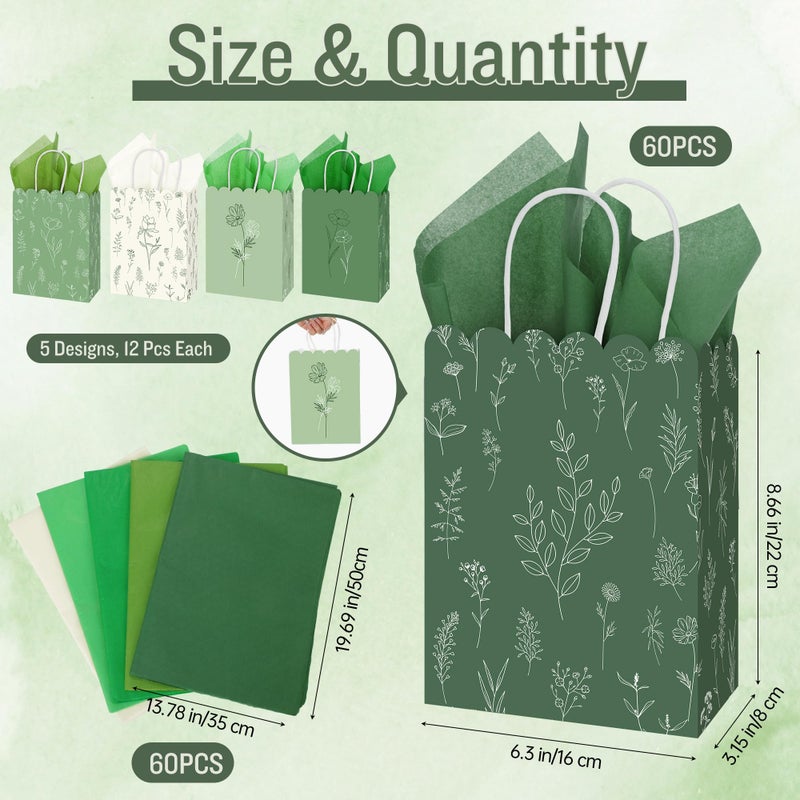MIMIND 60 Pcs Sage Green Wildflower Gift Bags with Handles Reusable Floral Paper Bags with Tissue Paper for Weddings Birthdays Baby Shower Party Favors - Image 2