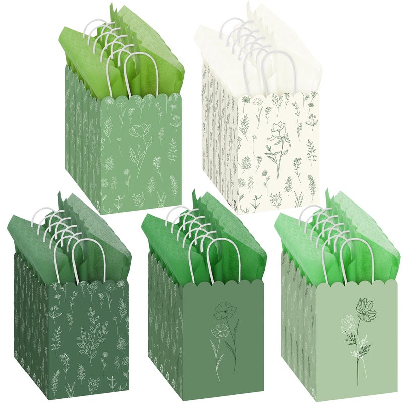 MIMIND 60 Pcs Sage Green Wildflower Gift Bags with Handles Reusable Floral Paper Bags with Tissue Paper for Weddings Birthdays Baby Shower Party Favors - Image 1