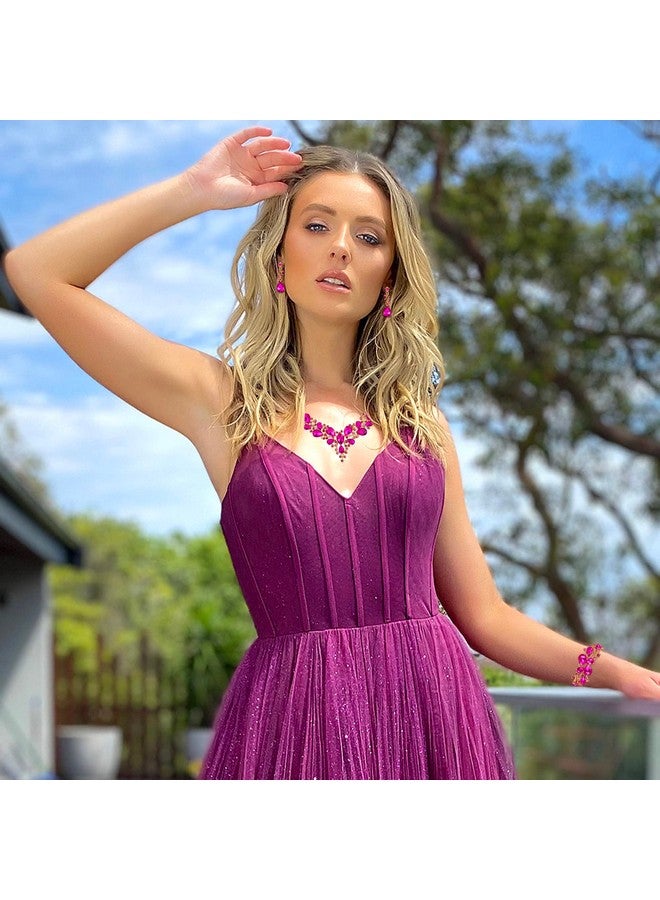 BriLove Wedding Bridal Jewelery For Women Austrian Crystal Teardrop Cluster Statement Necklace Dangle Earrings Link Bracelet Set Fuchsia Gold-Toned - Image 2