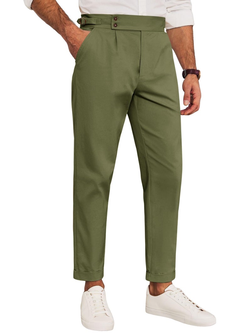 Runcati Mens Chinos Cotton Pants Slim Fit Pleated Front Dress Pants Casual Stretchy Tapered Trousers Army Green