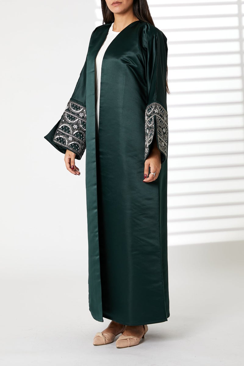 Moistreet V-Neck  Satin Split Cuffs Abaya - Image 5