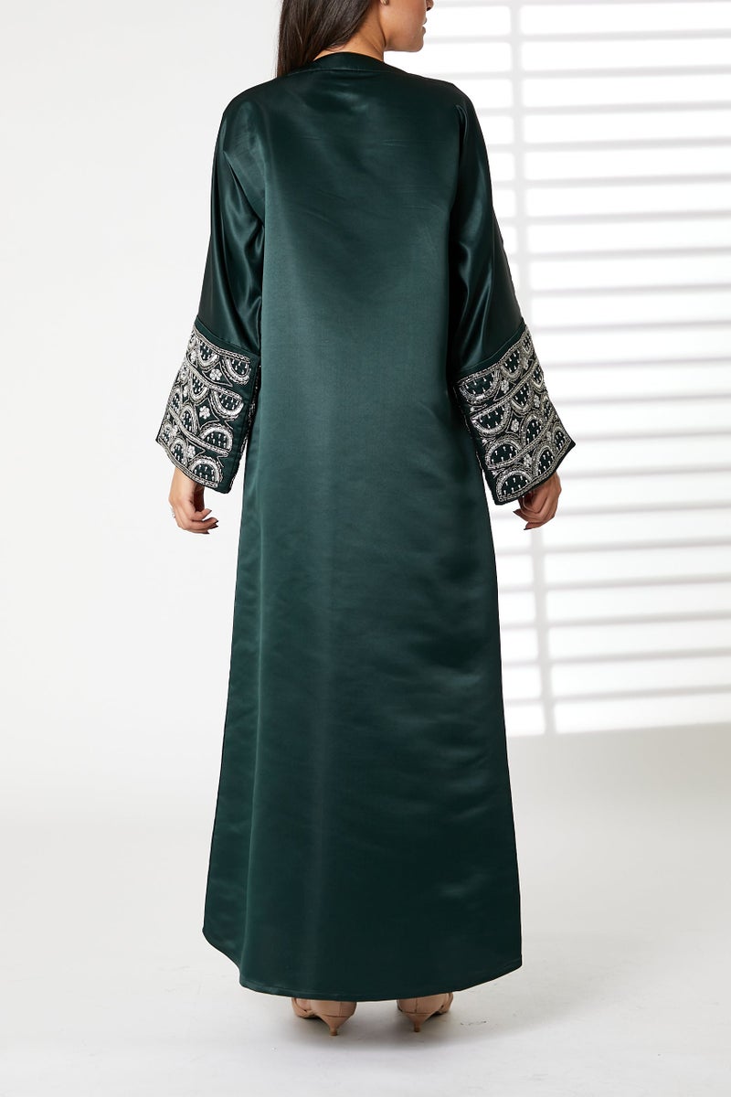 Moistreet V-Neck  Satin Split Cuffs Abaya - Image 3