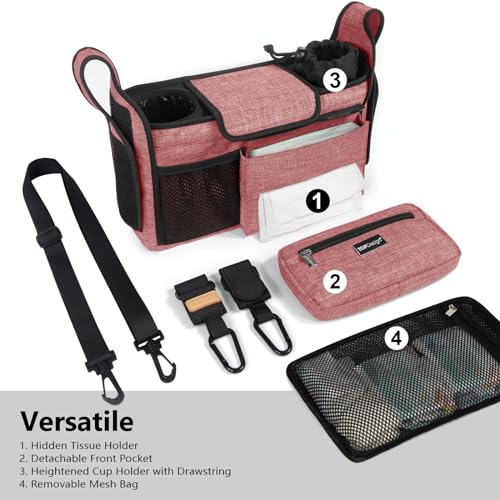 TOPDesign Universal Baby Stroller Organizer Stroller Caddy with Detachable Mesh Bag Heightened Insulated Cup Holders NonSlip Secure Hooks Accessories Fits Most Strollers Red - Image 3