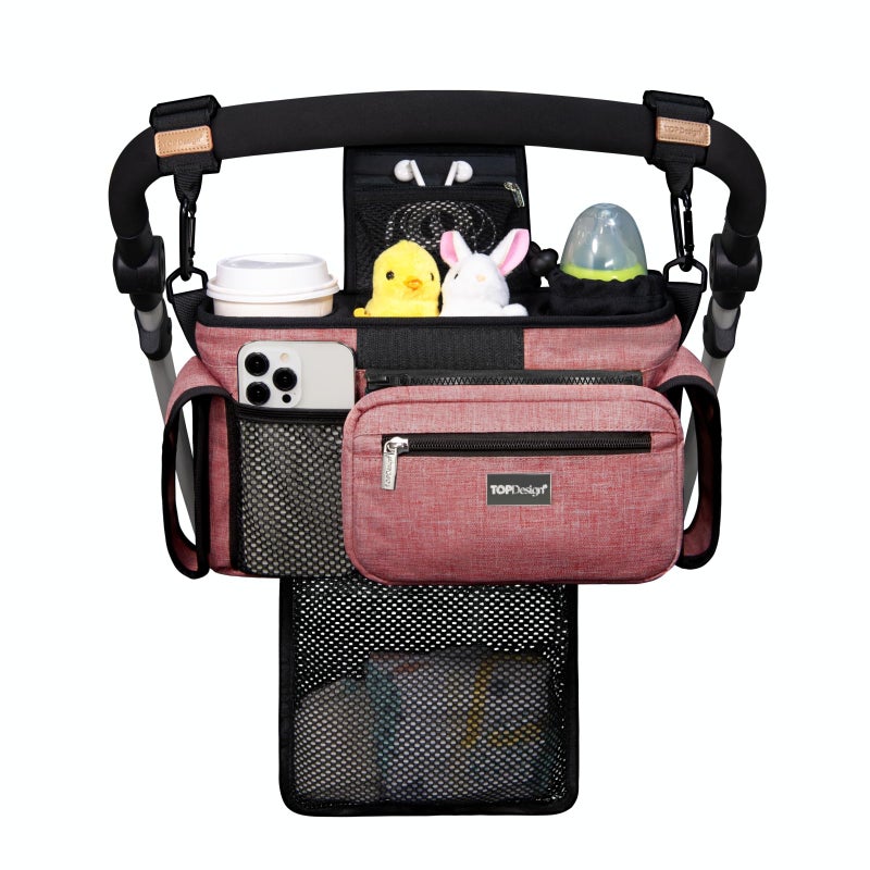 TOPDesign Universal Baby Stroller Organizer Stroller Caddy with Detachable Mesh Bag Heightened Insulated Cup Holders NonSlip Secure Hooks Accessories Fits Most Strollers Red - Image 2