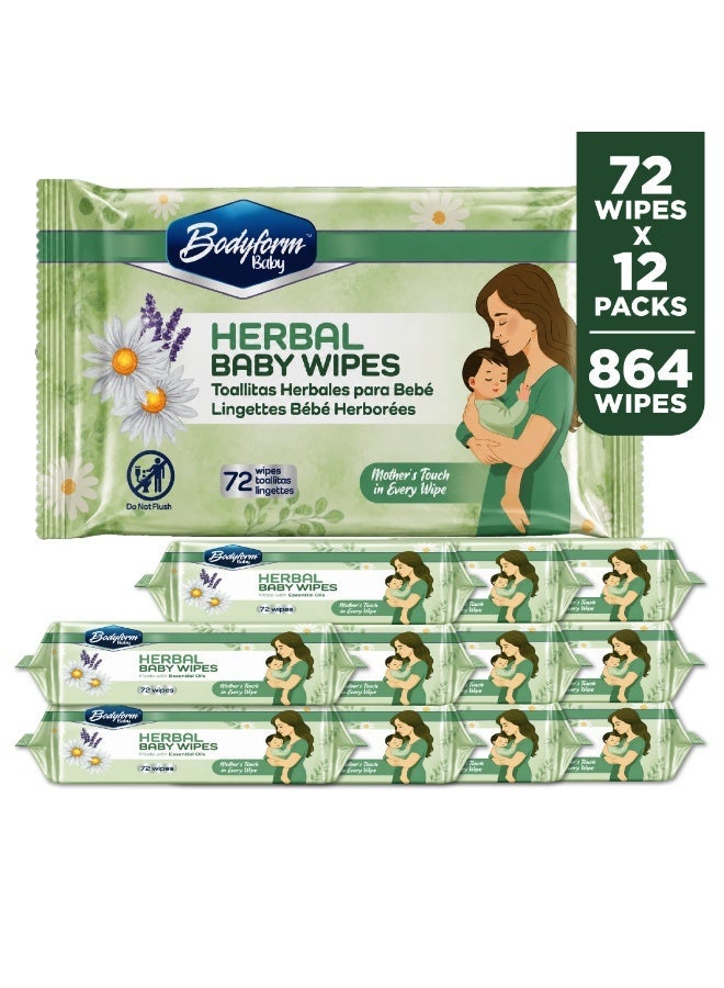 Bodyform Baby Herbal Baby Wipes, 12 Pack of 72 Count (864 Wipes Total) — Made with Lavender & Tea Tree Oil, Alcohol-Free & Paraben-Free, Soft & Thick, Gentle for Hands, Face & Bottom - Image 1