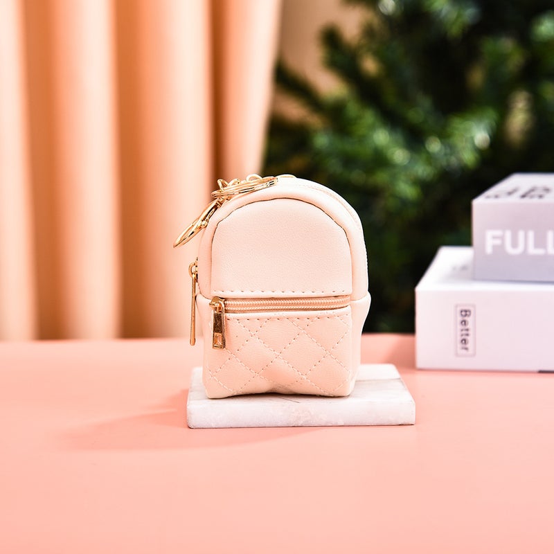 New Mini PU Coin Purse Cute Backpack Keychain Cable Lipstick Organizer Beige 