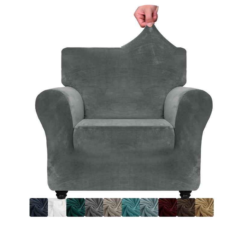 XINEAGE 1 Piece Velvet Chair Slipcovers for Living Room High Stretch Chair Covers with Arms Anti Slip Pets Friendly Couch Sofa Armchair Cover Furniture Protector 1 Seater Grey