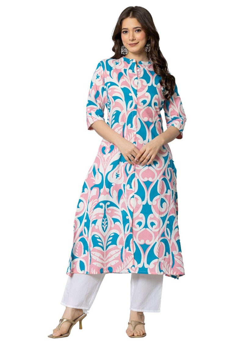 rytras Women's Pure Cotton Printed A-Line Kurta(RYT585,Pink,S) - Image 1
