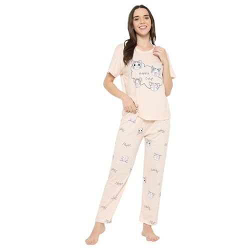CAMEY Women Night Suit || Women Night Dress || Night Wear Loungewear || Pyjama Set with T-Shirt & Trousers || Soft & Comfortable Night Dress (Cream, M) - Image 1