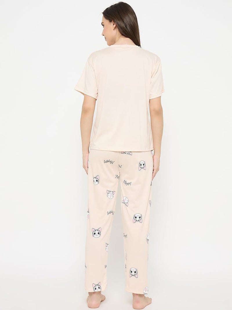 CAMEY Women Night Suit || Women Night Dress || Night Wear Loungewear || Pyjama Set with T-Shirt & Trousers || Soft & Comfortable Night Dress (Cream, M) - Image 5