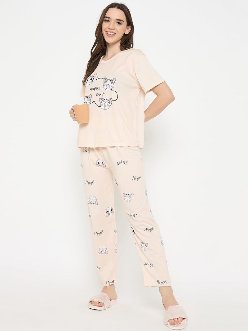 CAMEY Women Night Suit || Women Night Dress || Night Wear Loungewear || Pyjama Set with T-Shirt & Trousers || Soft & Comfortable Night Dress (Cream, M) - Image 2